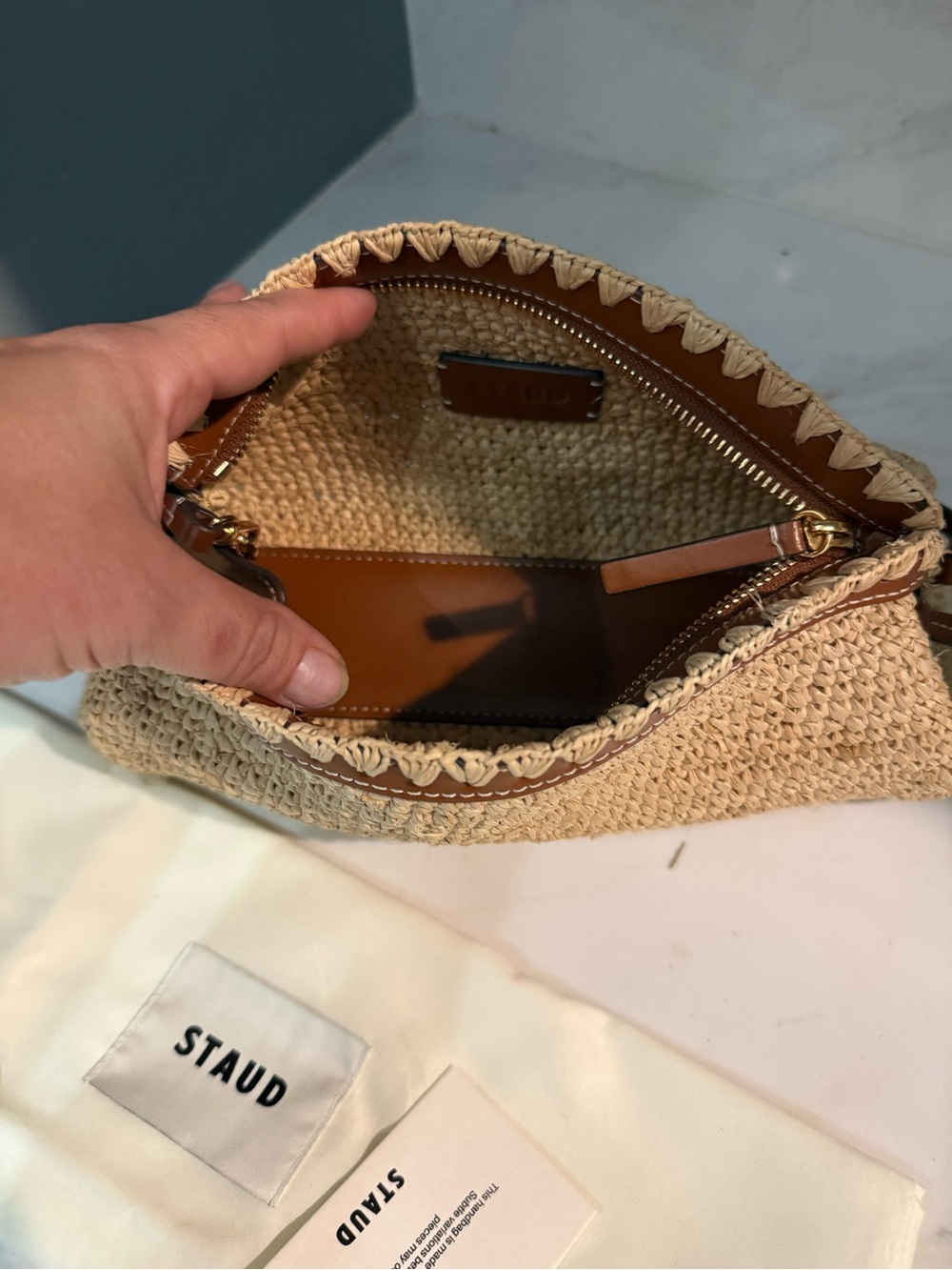 STAUD Lena Raffia and Leather Clutch Bag Natural Tan NWT - Picture 9 of 11